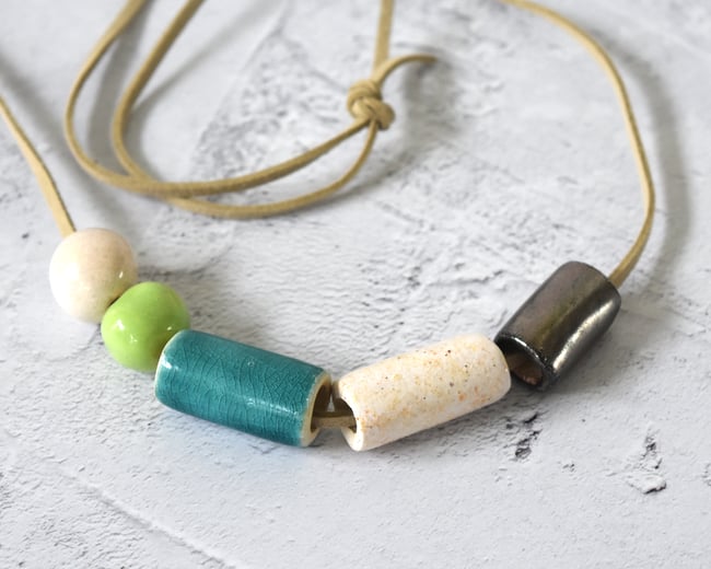 Emerald Mint Pewter Ivory Beads - Faux Suede Band