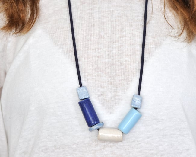 Blue & Cream Ceramic Beads -  Faux Suede Band