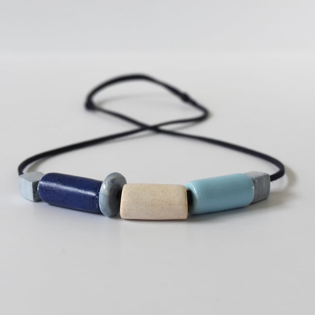 Blue & Cream Ceramic Beads -  Faux Suede Band
