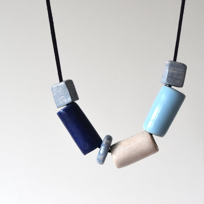 Blue & Cream Ceramic Beads -  Faux Suede Band