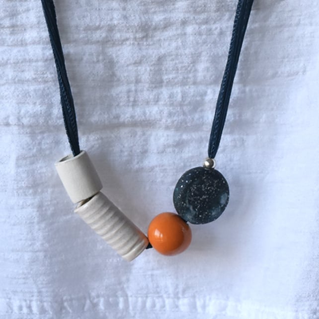 Blue Orange & Cream Ceramic Beads - Silk Ribbon