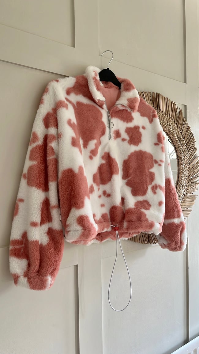 Multiple colours* Handmade plush faux fur cow print 3/4 zip neck jumper