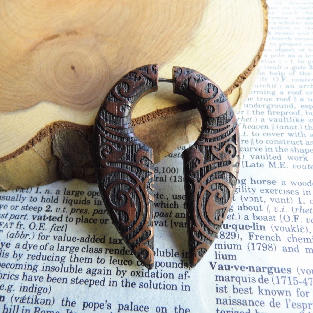 Large Unisex Wood Faux Gauge Earring Celtic Crescent 