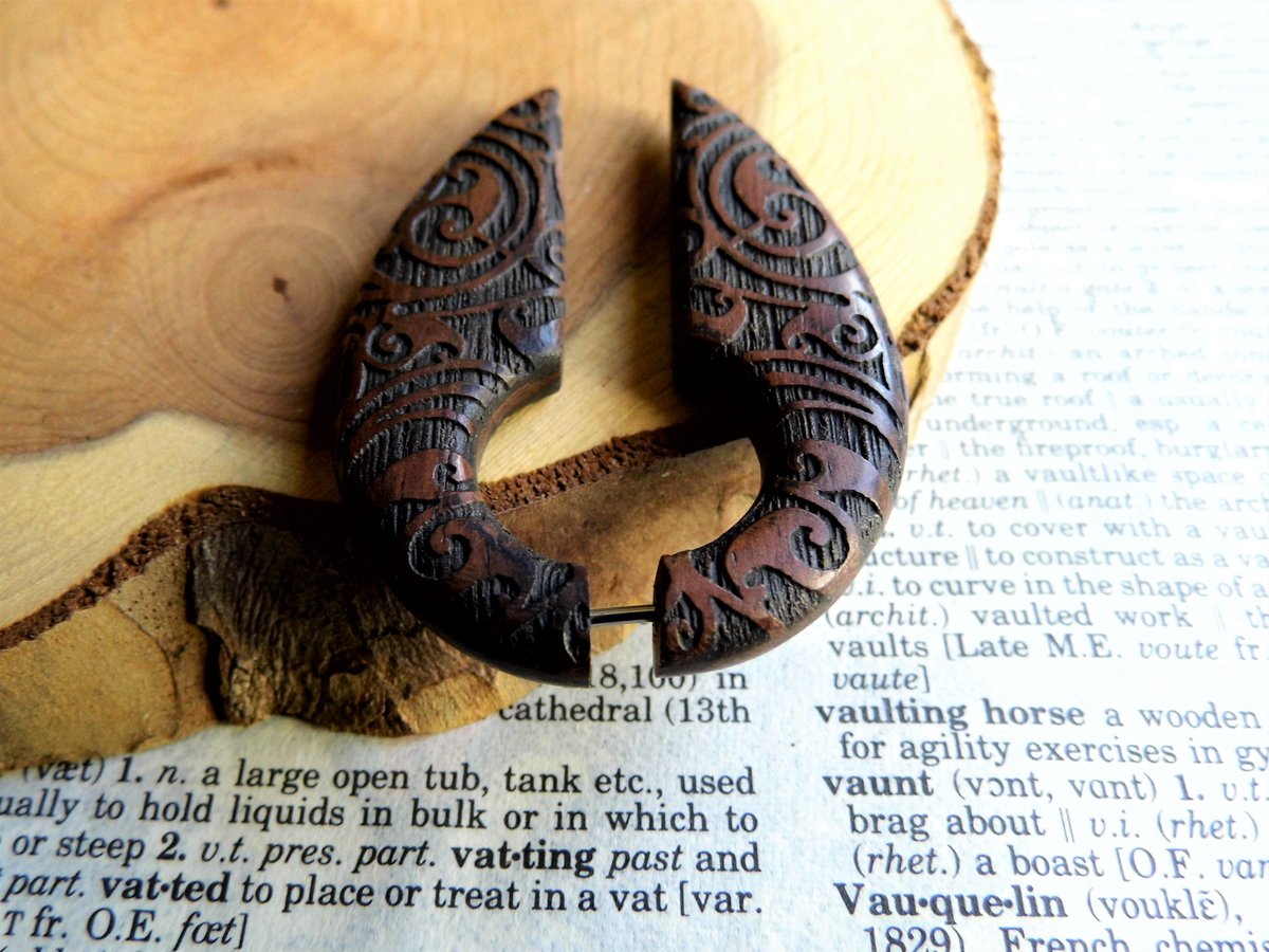 Large Unisex Wood Faux Gauge Earring Celtic Crescent 