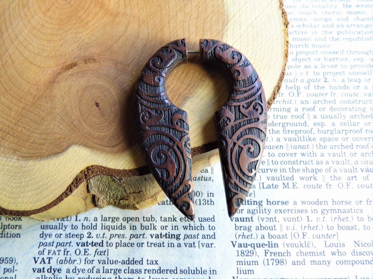 Large Unisex Wood Faux Gauge Earring Celtic Crescent 