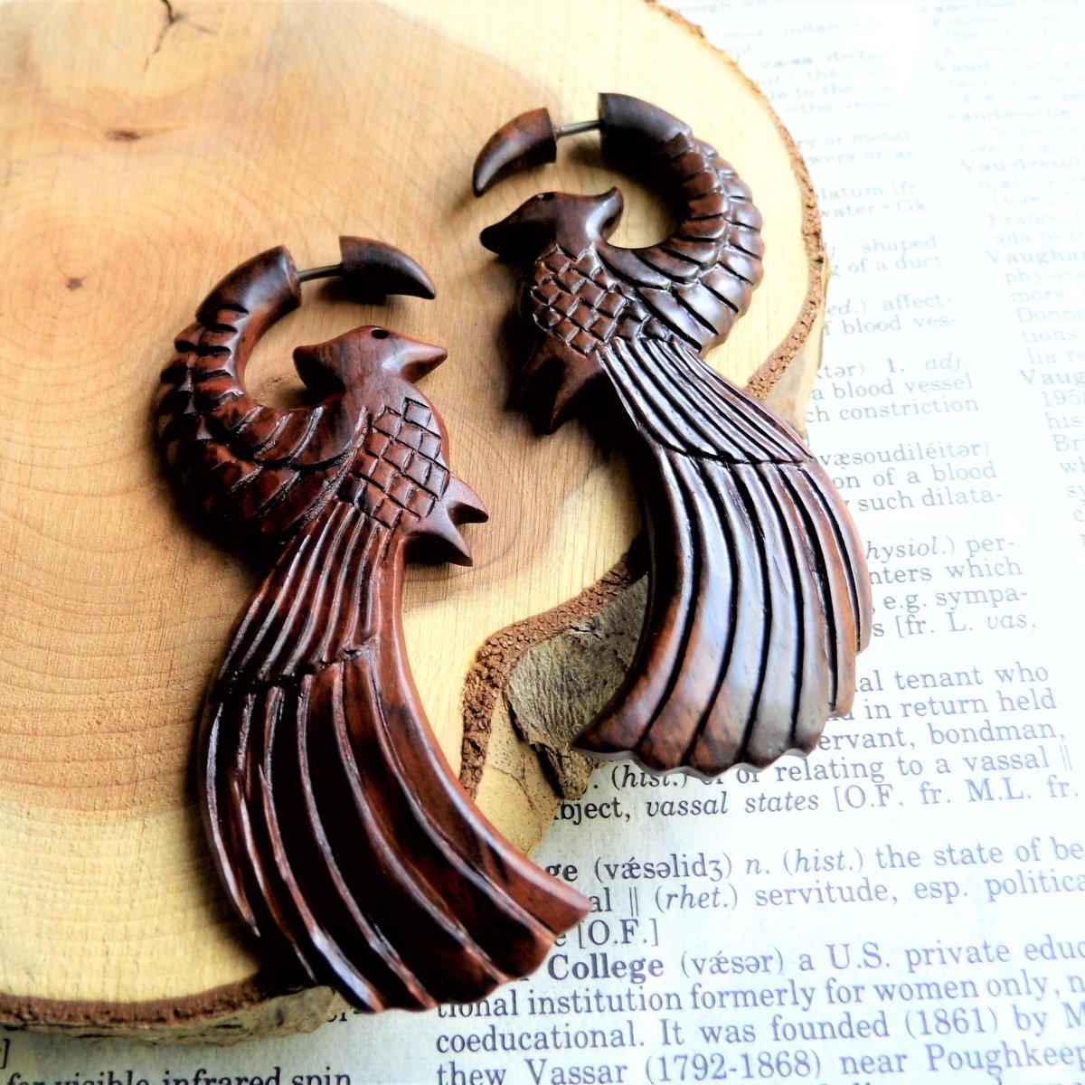 Large Organic Wood Earring Birds Wings Wearable Art