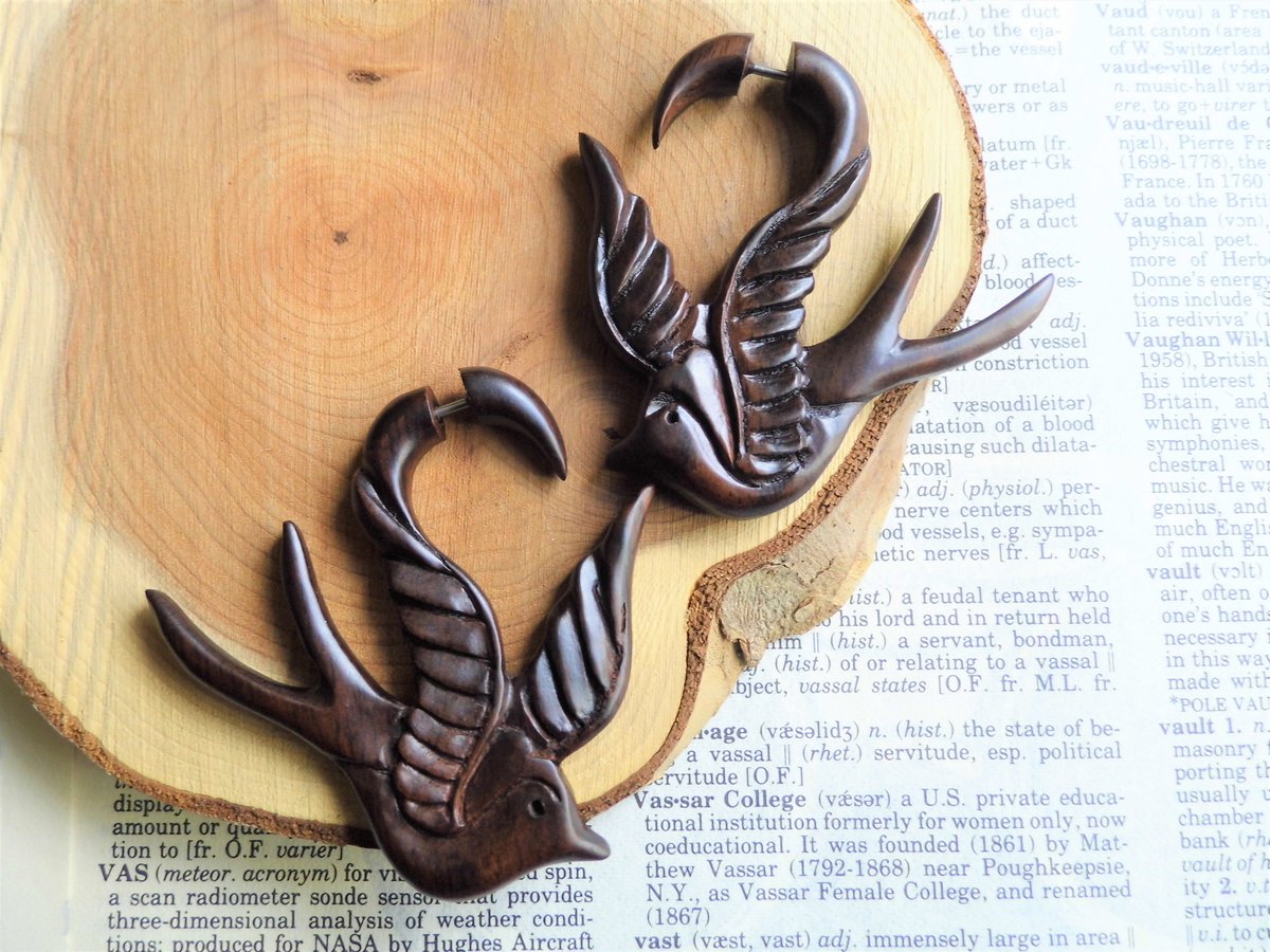 Organic Wood Earring Swallow Tattoo Wearable Art