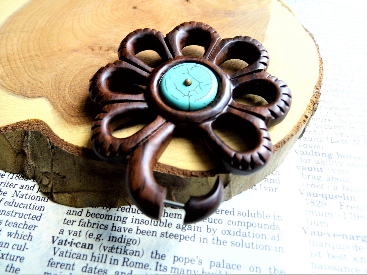 Wood Earring Large Womens Turquoise Stone Star Flower