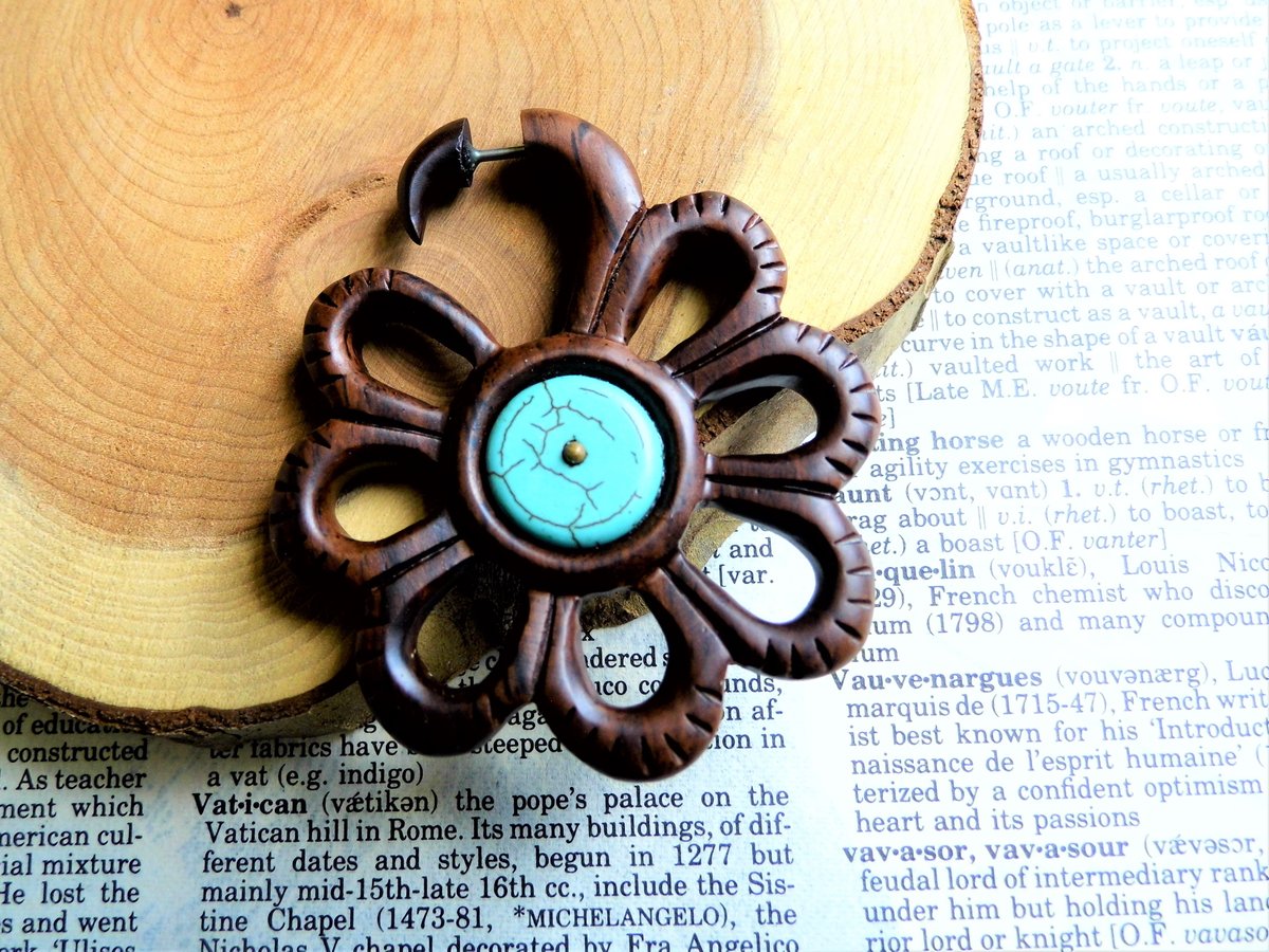 Wood Earring Large Womens Turquoise Stone Star Flower