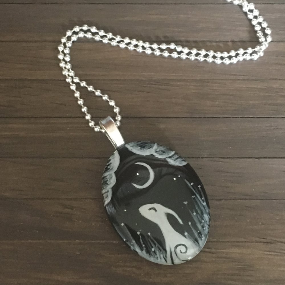 Moon Gazing Hare Resin Hand Painted Pendant - Black Oval