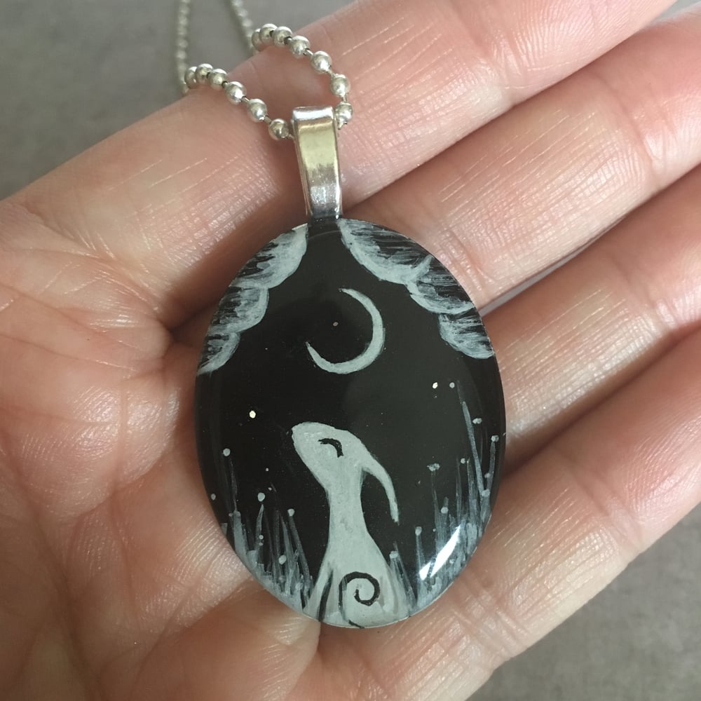 Moon Gazing Hare Resin Hand Painted Pendant - Black Oval