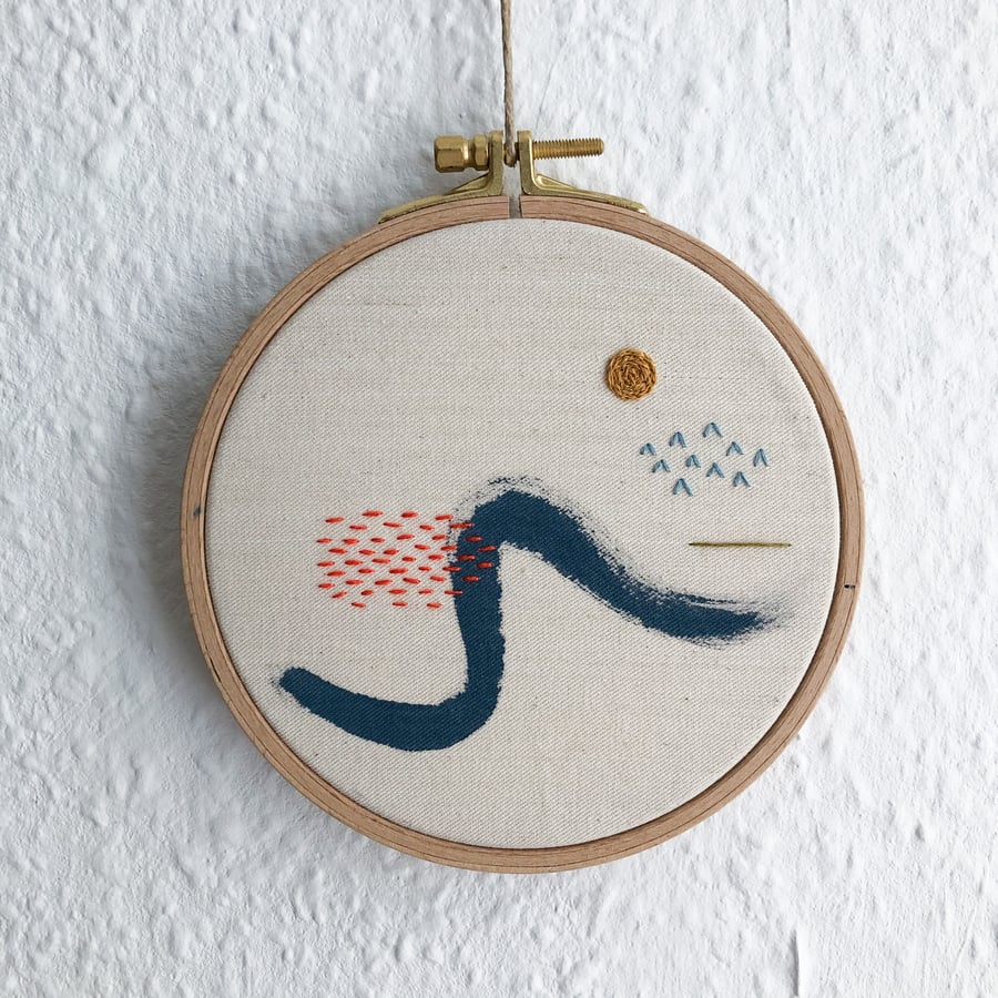 Image of Sea scenery - hand embroidered and hand painted wall hanging, 5” hoop