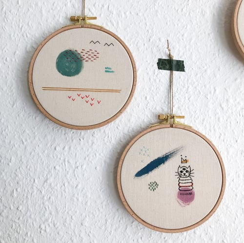 Image of Space cat - hand embroidered and hand painted wall hanging, 5” hoop