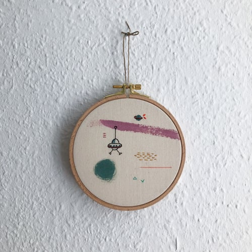 Image of Space invader - hand embroidered and hand painted wall hanging, 5” hoop