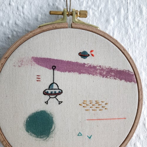 Image of Space invader - hand embroidered and hand painted wall hanging, 5” hoop