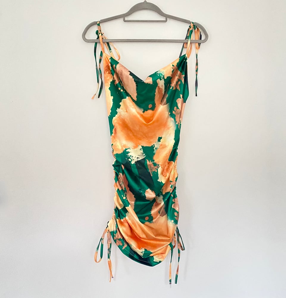 Image of Satin Tie Dye Ruched Dress with Cowl Neck