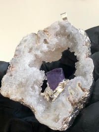 Image 1 of QUARTZ GEODE PENDANT WITH AMETHYST POINT - ELECTROPLATED PLATINUM