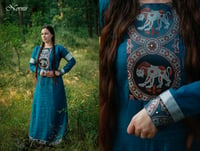 Linen dress with byzantine lions damask and silk 