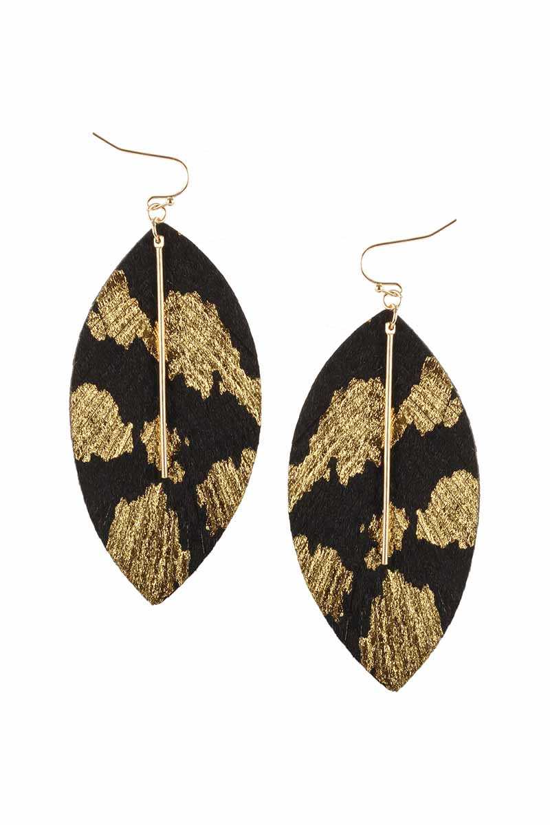 Image of Gold and Black Leather Earring with Gold Bar Detail