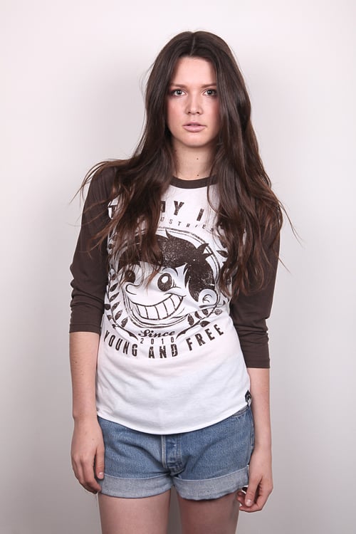 Image of "Crest" White/Brown 3/4 Sleeve Baseball Tee Unisex