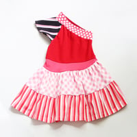 Image 2 of pink red vintage fabric 3T 4T 3/4 one shoulder asymmetrical flutter courtneycourtney dress flouncy