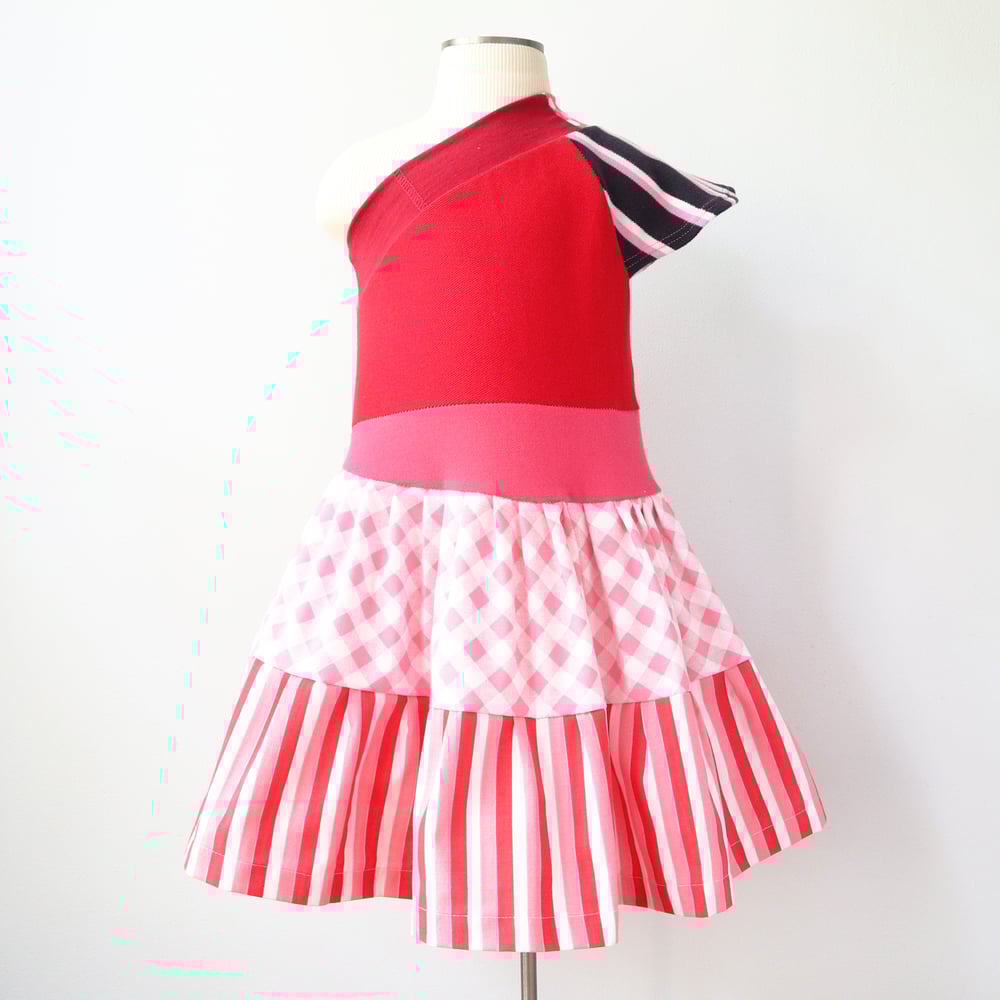 Image of pink red vintage fabric 3T 4T 3/4 one shoulder asymmetrical flutter courtneycourtney dress flouncy