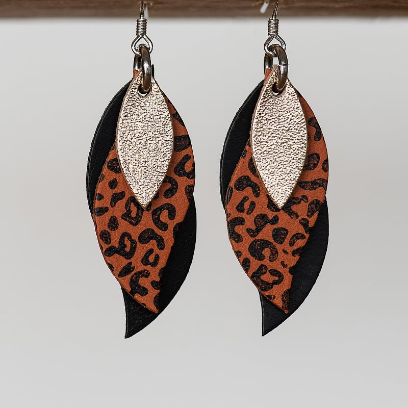 Image of NEW Handmade Australian leather leaf earrings - Gold, black leopard on saddle tan, black [LLT-506]