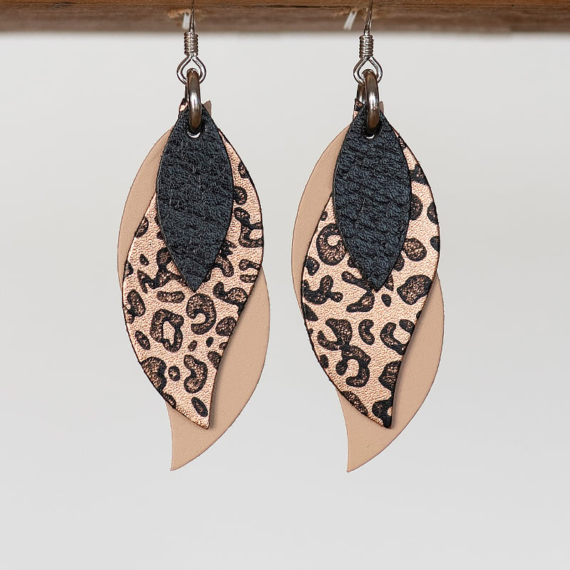 Image of NEW Handmade Australian leather leaf earrings - Black, black leopard on copper, natural [LLN-504]