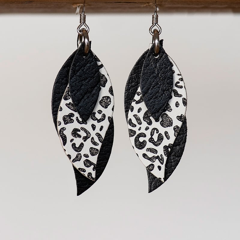 Image of NEW Handmade Australian leather leaf earrings - Textured black with black leopard on white [LLW-505]