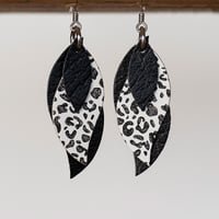 Image 1 of Handmade Australian leather leaf earrings - Textured black with black leopard on white [LLW-505]