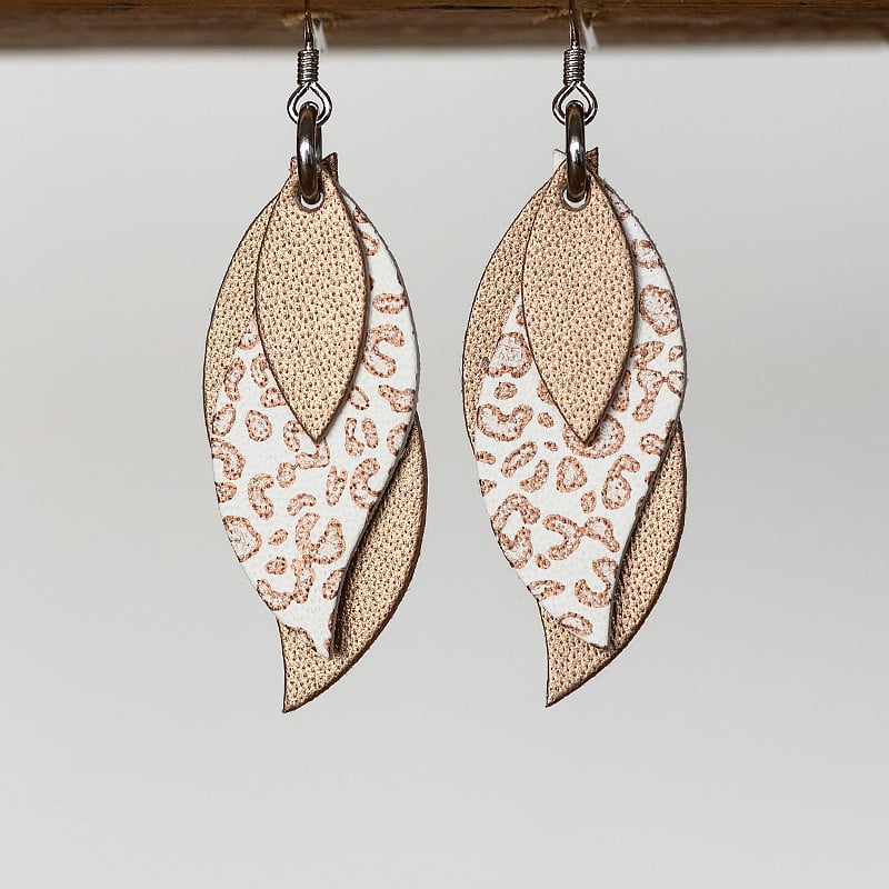 Image of Handmade Australian leather leaf earrings - Matte gold with rust leopard on white [LLW-511]