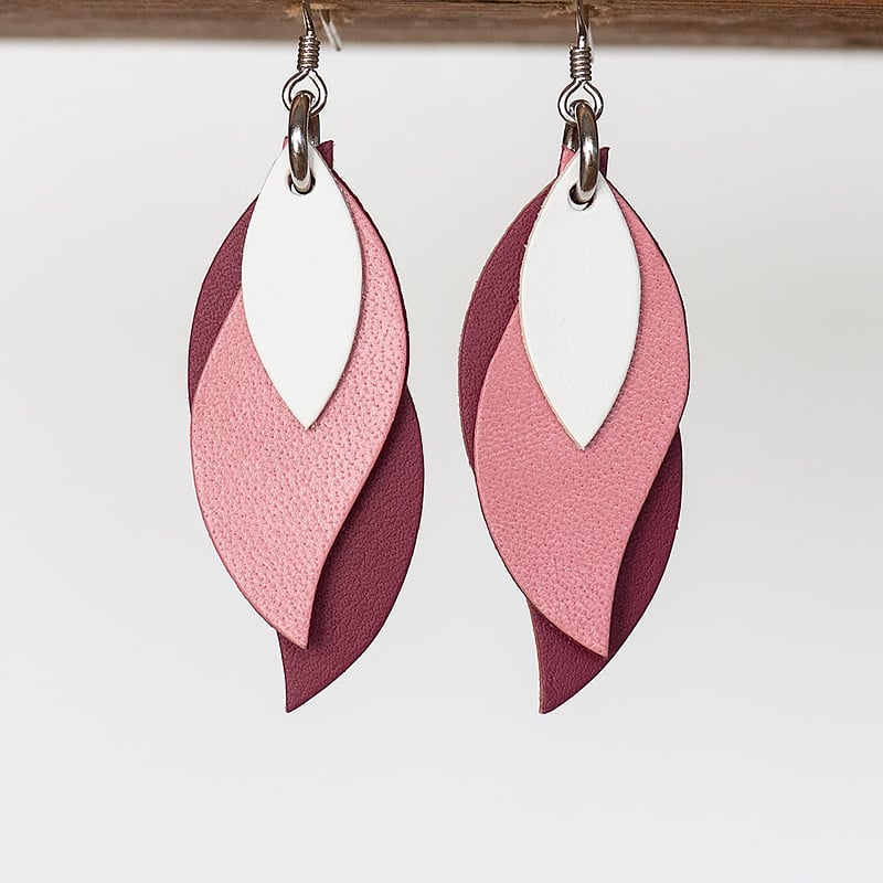 Image of Handmade Australian leather leaf earrings - White, pink, plum pink [LPK-136]