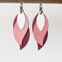 Image 1 of Handmade Australian leather leaf earrings - White, pink, plum pink [LPK-136]