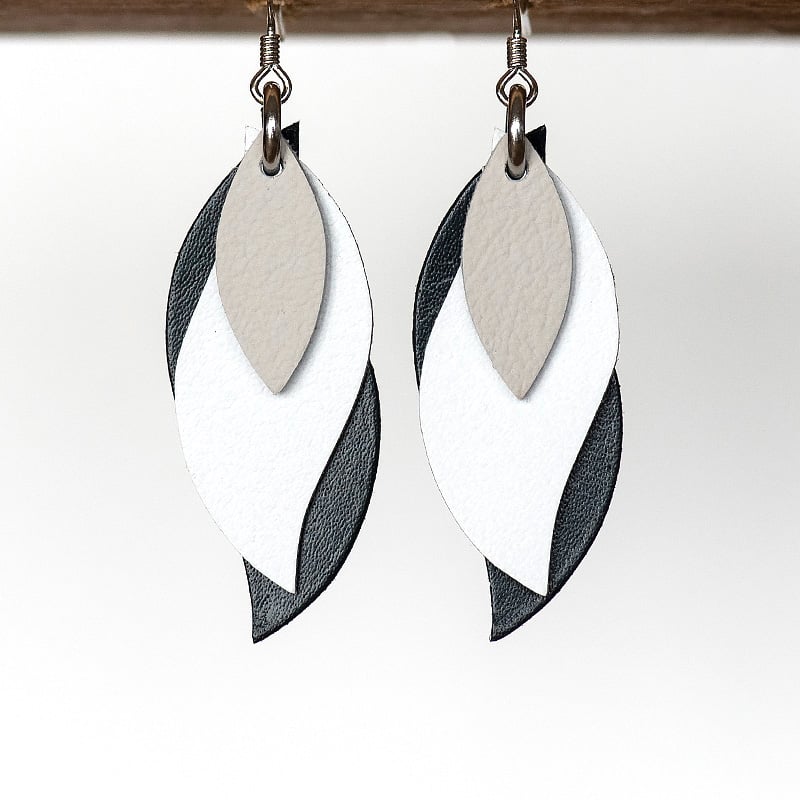 Image of Handmade Australian leather leaf earrings - Soft taupe, white, dark navy [LGN-153]