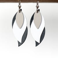 Image 1 of Handmade Australian leather leaf earrings - Soft taupe, white, dark navy [LGN-153]