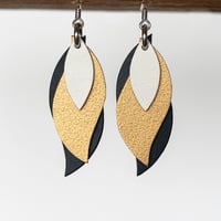 Image 1 of Handmade Australian leather leaf earrings - Ivory, matte gold, midnight navy [LMT-177]