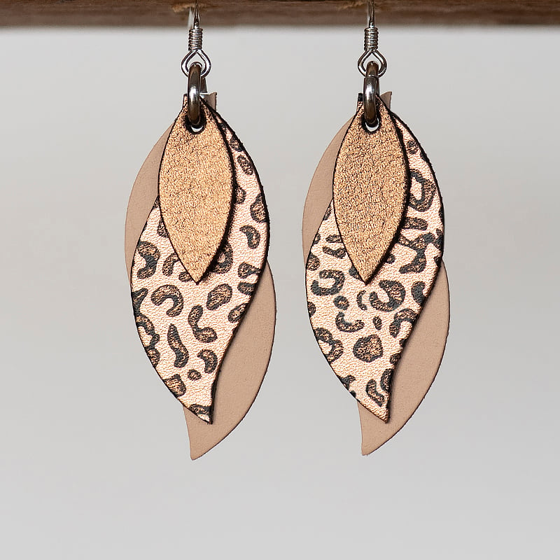 Image of NEW Handmade Australian leather leaf earrings - Dark bronze, black leopard copper, natural [LLC-507]