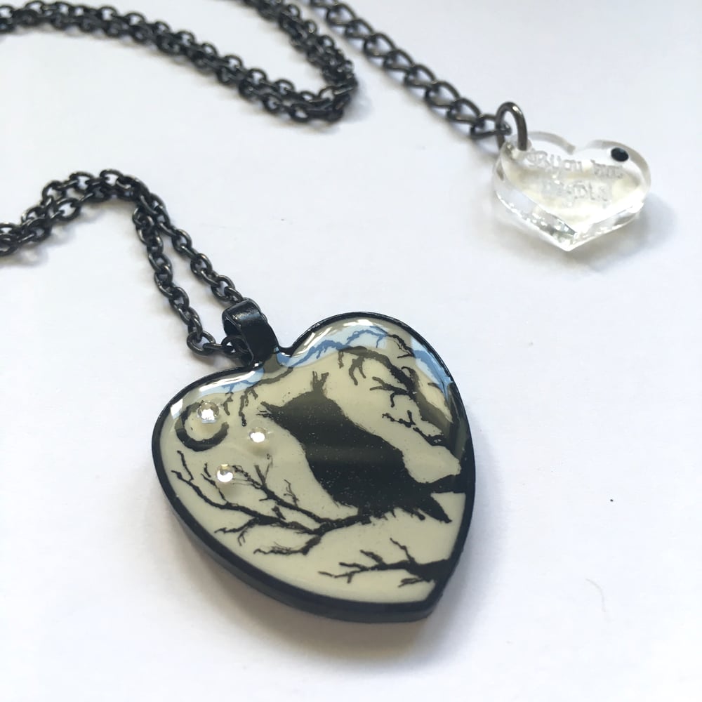 Owl and Moon Resin Heart Pendant - White or Black Pendant