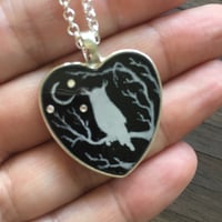 Image 3 of Owl and Moon Resin Heart Pendant - White or Black Pendant