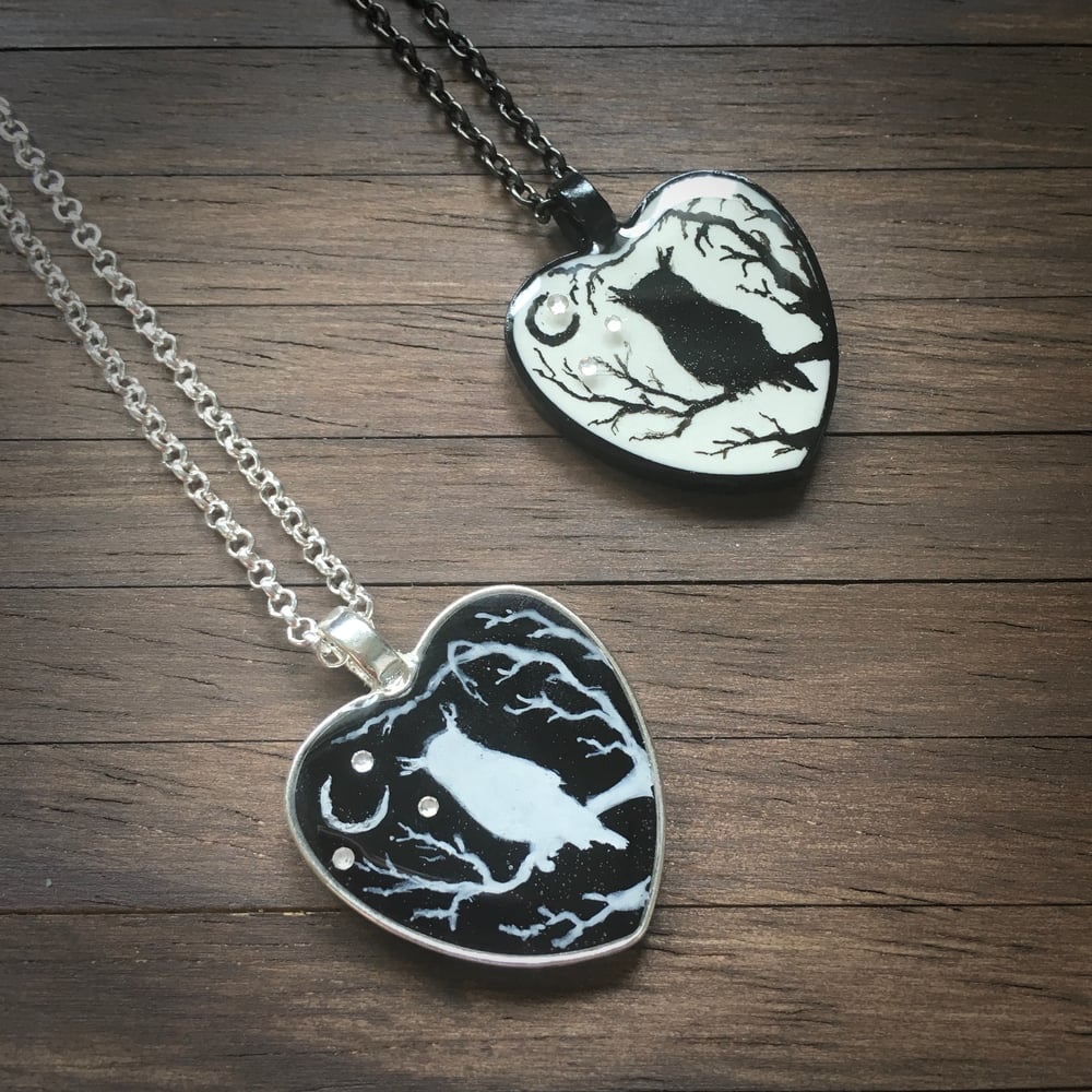 Owl and Moon Resin Heart Pendant - White or Black Pendant