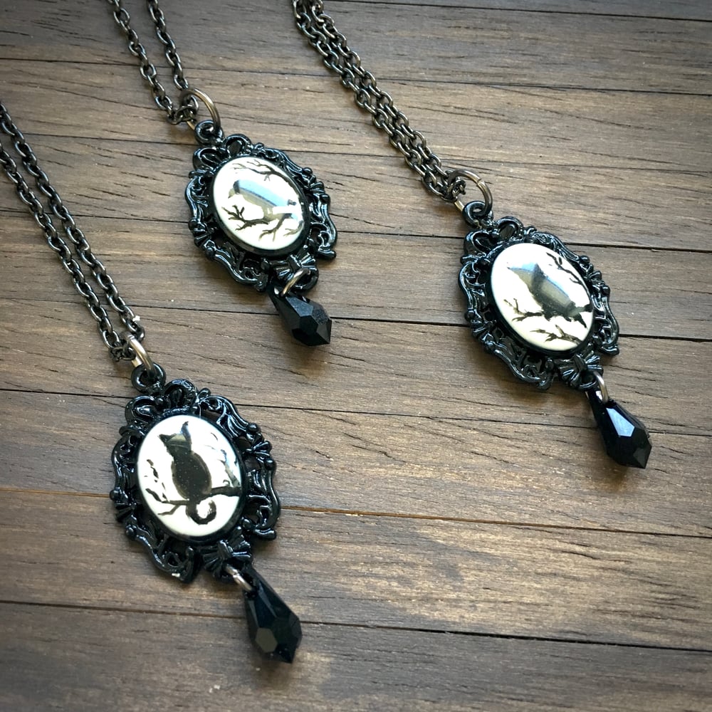 Magic Creatures Silhouette Cameo Necklace - Black Frame Featuring Owl, Cat or Raven