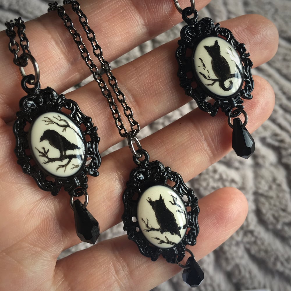 Magic Creatures Silhouette Cameo Necklace - Black Frame Featuring Owl, Cat or Raven