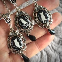Image 1 of Magic Creatures Silhouette Cameo Necklace - Silver Frame Featuring Owl, Cat or Raven