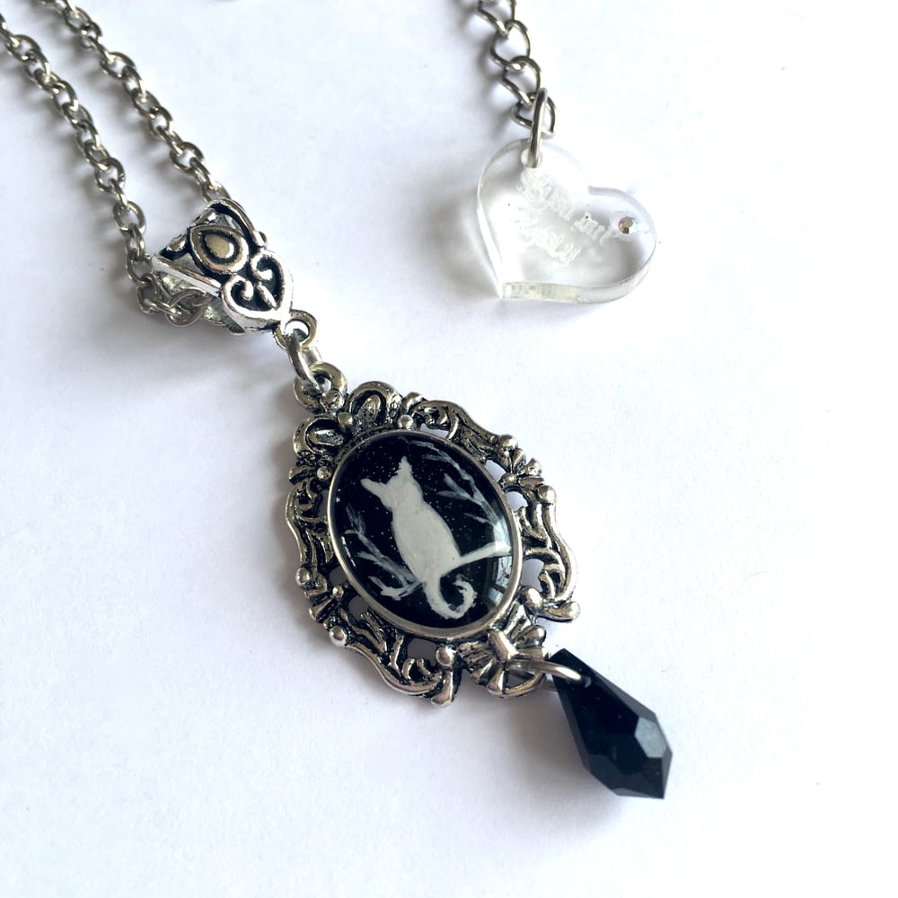 Magic Creatures Silhouette Cameo Necklace - Silver Frame Featuring Owl, Cat or Raven