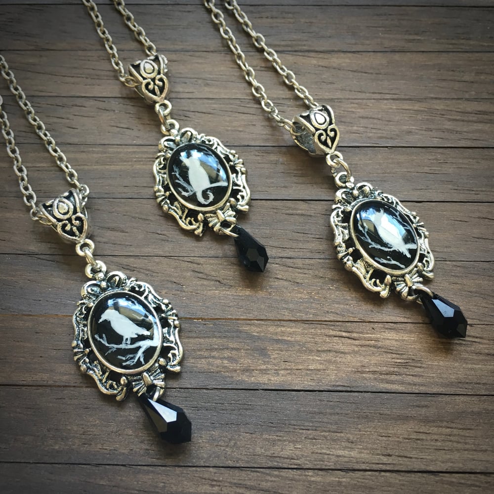 Magic Creatures Silhouette Cameo Necklace - Silver Frame Featuring Owl, Cat or Raven