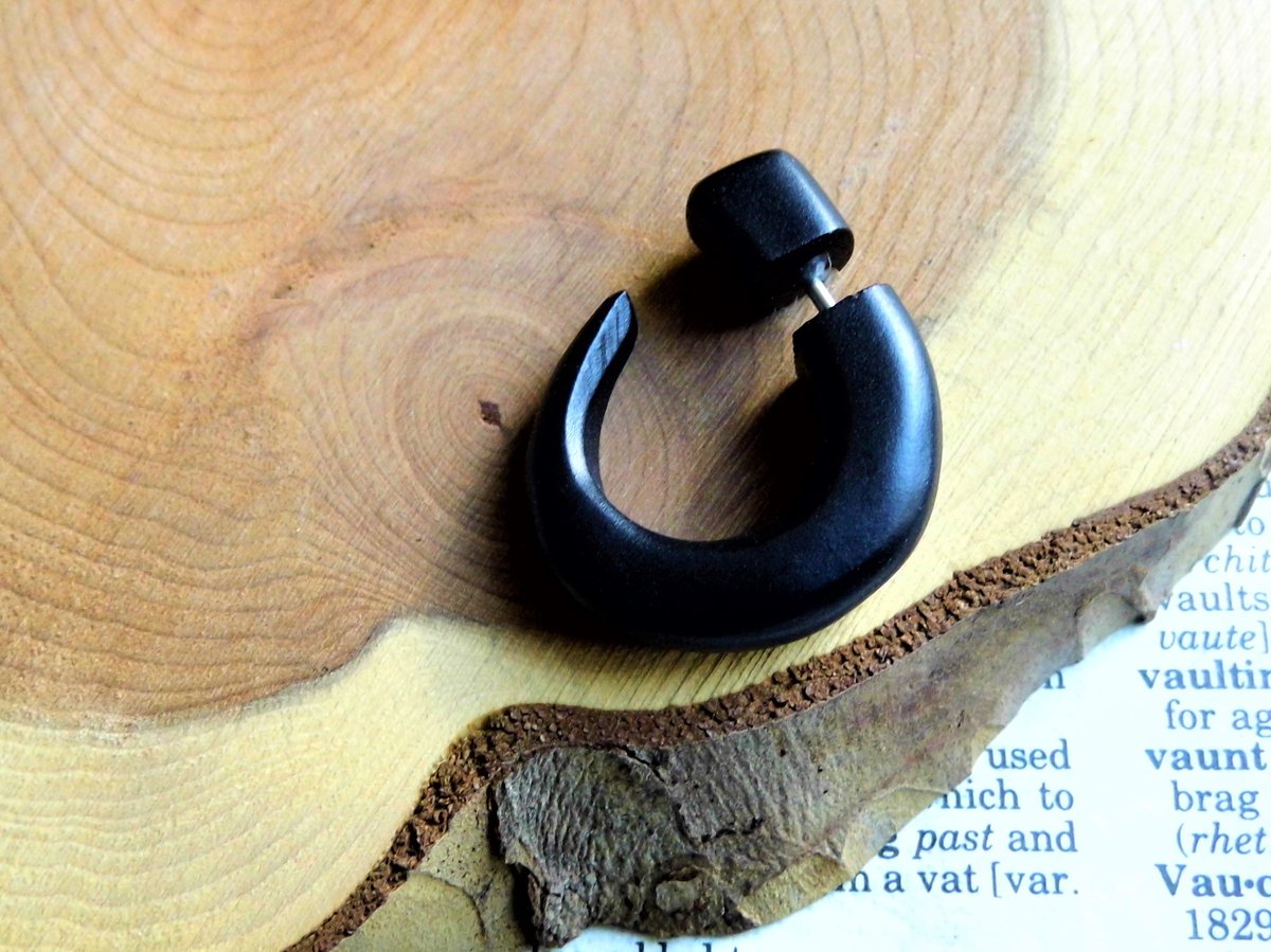 Black Fish Hook Faux Gauge Wooden Earring Unisex, Tan & Olive