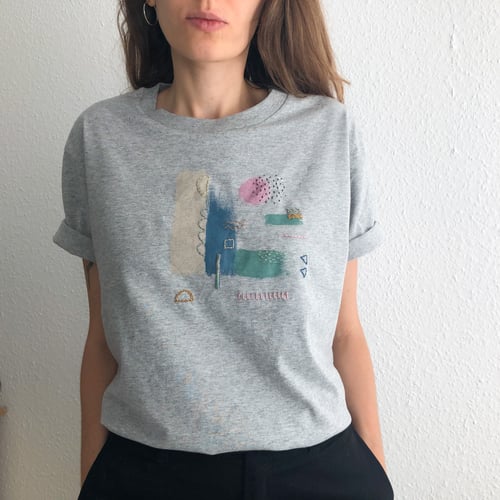 Image of Trust your curiosity -intuitive hand embroidery and painting on organic cotton tshirt, one of a kind