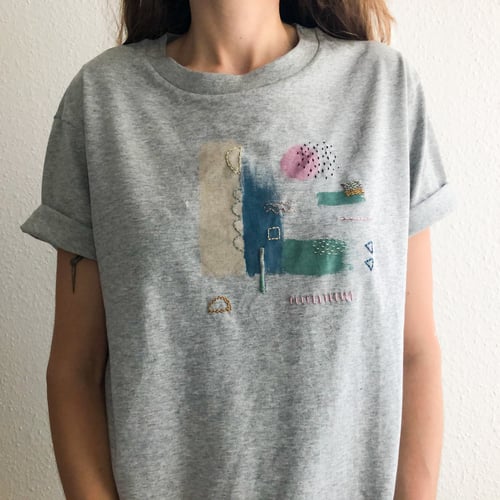 Image of Trust your curiosity -intuitive hand embroidery and painting on organic cotton tshirt, one of a kind