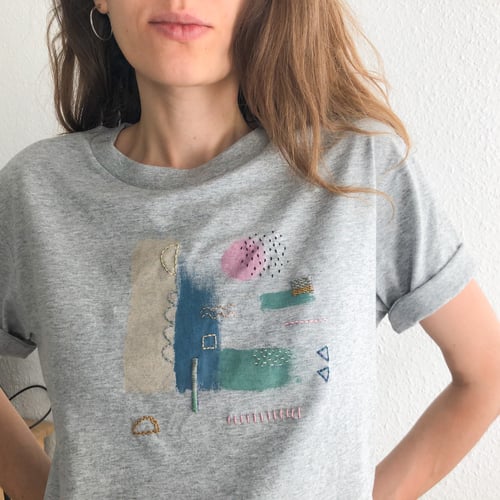 Image of Trust your curiosity -intuitive hand embroidery and painting on organic cotton tshirt, one of a kind