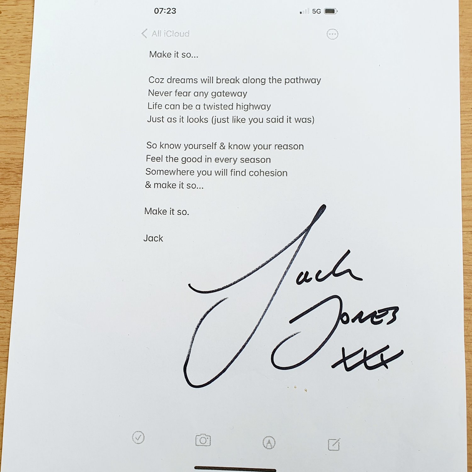 Image of Jack Jones signed Instagram poem